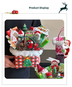 Detailed Christmas gift basket with plush toys, pine cones and festive treats in red and green