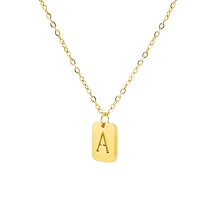 Gold plated stainless steel necklace featuring a rectangular pendant with engraved letter A