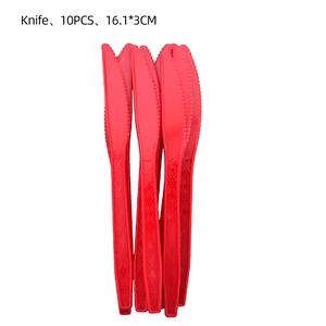 Set of 10 red plastic knives with diamond textured handles for crayfish party