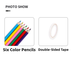 Detailed set including six colored pencils and a roll of double-sided adhesive tape