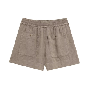 Vue arrière du short en lin taupe avec taille élastique et grandes poches boutonnées