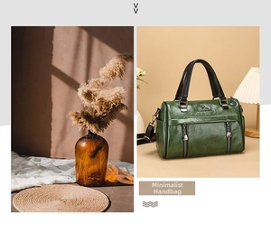Detailed macro view of dark green faux leather handbag with embossed kangaroo logo