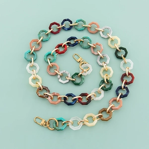 Detailed top view of 120cm colorful hexagonal acrylic bag chain with gold lobster clasps