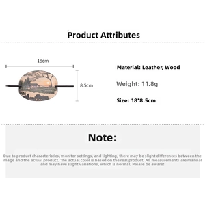 Produktdetails der Leder-Haarnadel mit Landschaftsmuster und Holzstab-Design