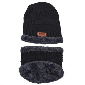 Winter knitted hat and neck warmer set with warm grey fleece lining in black