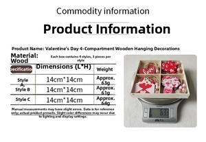Size chart showing wooden Valentine's Day heart pendants with weight measurement details