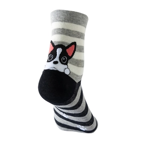 Detail of striped cotton socks with black Boston Terrier dog face and cute paw prints