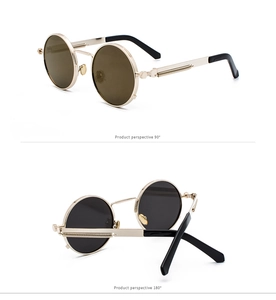 Detail view of steampunk round sunglasses with metal spring temples and black lenses
