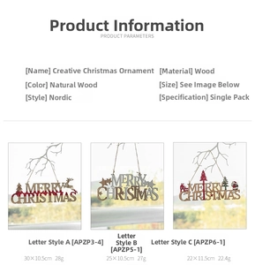 Size chart showing Nordic wooden Merry Christmas ornaments with reindeer and Santa designs