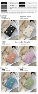 Detailed comparison of six colorful floral chain bags showing PU texture and size specs