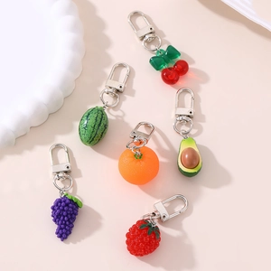 Set of 6 cute fruit keychains featuring cherry watermelon strawberry and metal hooks