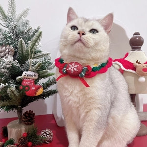 Hand-knitted Christmas pet collar with candy ornament for cats and dogs on festive cat