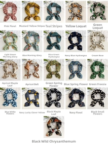 Grid display showing 21 different floral and striped cotton linen neck scarves and hair bands