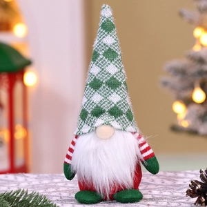 Detailed view of knitting texture and white fur on a seated Christmas gnome doll