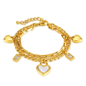 Stainless Steel Double Layer Heart Bracelet Mother Of Artificial Pearl Zircon Pendant Paperclip Link Chain Elegant Niche Design