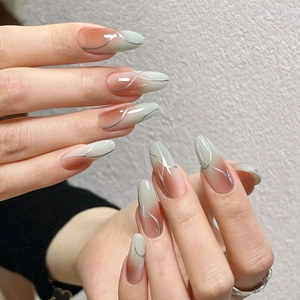 Almond Press On Nails Pink Green Ombre Silver Metallic Geometric Line Manicure Artificial Fake Finger Nails Wearable Elegant