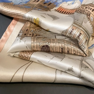 French vintage style silk square scarf featuring elegant architectural pattern prints