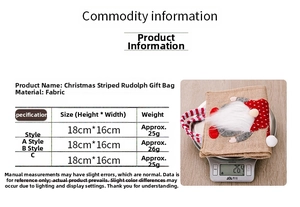Detailed size chart and weight measurement for Rudolph burlap Christmas gift bags