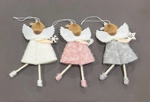 Detail of plush Christmas angel pendants in white, pink, and grey with soft wings