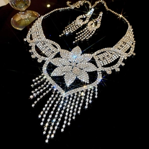 Elegant floral rhinestone necklace and earring set with shimmering long tassels