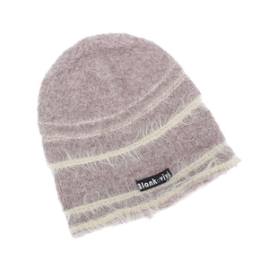 Detail of pink knitted beanie with white plush stripes and small black brand label