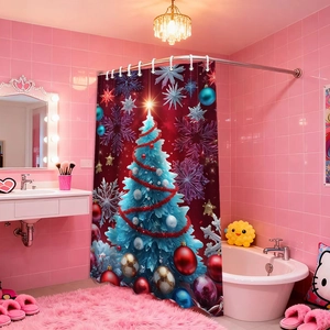 Detail of waterproof polyester Christmas shower curtain with blue tree and snowflake pattern