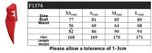Size chart for red rhinestone evening dress showing chest, waist, and hip dimensions