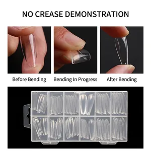 Transparent long coffin nail tips set with non-creasing flexible material in 10 sizes