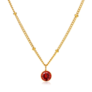 Gold stainless steel 18K necklace with red birthstone pendant and beaded chain links