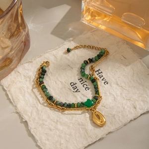 Double-layer gold stainless steel bracelet with green natural stone beads and shell charm
