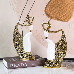 Modern ceramic peacock dancer statues in white and gold for luxury home office decor