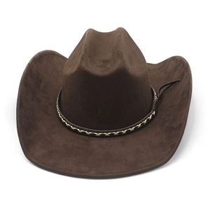 Detailed view of dark brown faux suede cowboy hat with braided leather decorative band