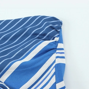 Sexy backless linen tube top featuring blue and white vertical stripes with textured fabric