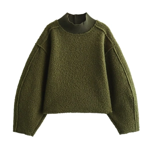 Olive green fleece sweater with ribbed half-high collar and loose drop shoulder sleeves