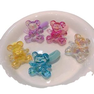 Five colorful bear hair ties with faceted resin bears on elastic bands for girls