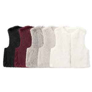 Women Faux Fur Vest Sleeveless V-Neck Open Front Shaggy Plush Waistcoat Solid Color Warm Casual Outerwear Cardigan