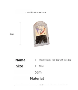 Detail showing set of black steel bobby pins in a clear box with bear sticker