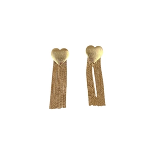 Elegant gold heart tassel earrings featuring long metallic fringe on a white background