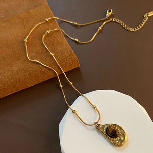 Collana Con Pendente In Pietra Occhio Di Tigre Acciaio Inossidabile Titanio Vintage Goccia D'acqua Catena A Sfere Oro Per Donna