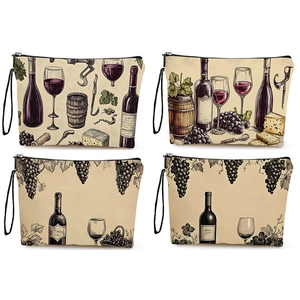 Vintage Wine Print Makeup Bag Linen Canvas Multi Functional Travel Cosmetic Storage Pouch With Zipper And Wrist Strap