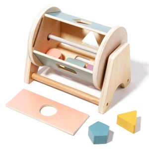 Montessori wooden spinning drum with colorful geometric shapes for toddler early learning