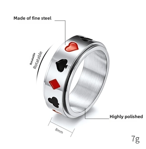 Detail view of 8mm rotating stainless steel ring with red and black poker suit symbols