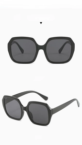 Front and side views of oversized black polygonal sunglasses with wide temples