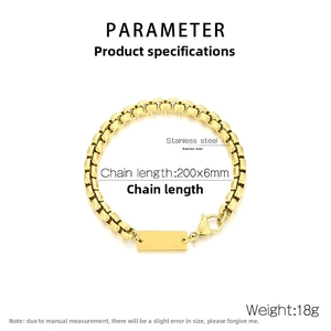 Polished stainless steel gold box chain bracelet with rectangular pendant measurements