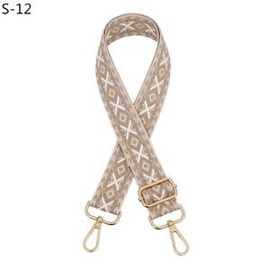 Adjustable beige ethnic woven shoulder strap replacement with golden metal hooks