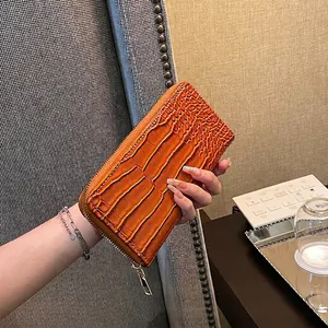 Chic orange crocodile pattern wallet for women with gold zipper and large capacity