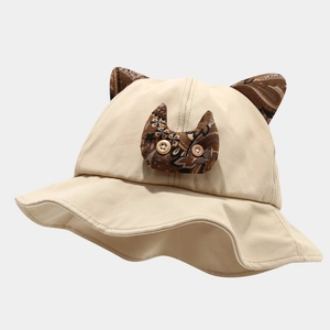 Cappello Alla Pescatora Carino Orecchie Di Gatto Cotone Tesa Larga Protezione Solare Toppa Paisley Decorazione Bottoni Estate Primavera Donna
