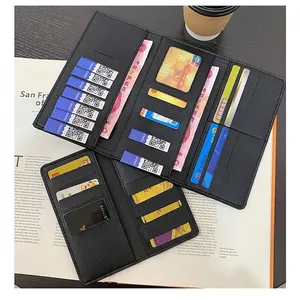 Black pebbled leather long wallet for women featuring multi-card slots and expandable design