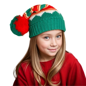 Women's knit Christmas hat with red pompom and wavy festive striped pattern