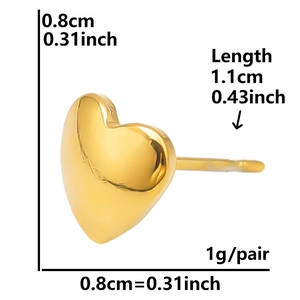 Detail showing 304 stainless steel heart stud earring dimensions and 1g lightweight design